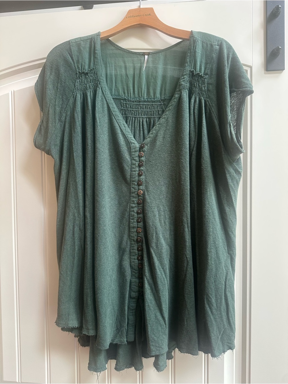 Free People Olive Green Boho Tunic Top Medium Raw Hem Button Front